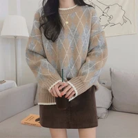 loose simple lazy knit sweater fashion trend cute sweet autumn and winter new stitching korean round neck pullover top