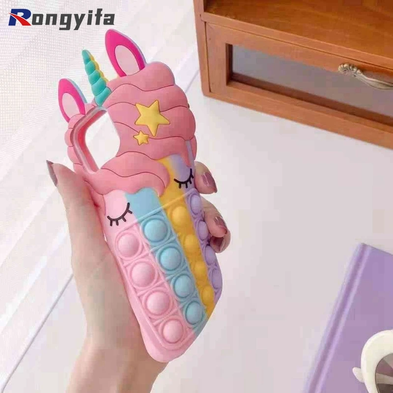 For iPhone 13 14 12 11 Pro Max Mini X XR XS Max 6 7 8 6s Plus SE 5 5s Unicorn Case Pop Fidget Toys Push It Bubble Silicone Case