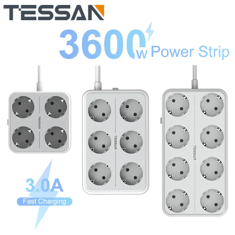 

TESSAN EU Plug Electrical Socket Extension Power Strip with 3 USB Ports & 4/6/8 Outlets Overload Protection Switch for Home