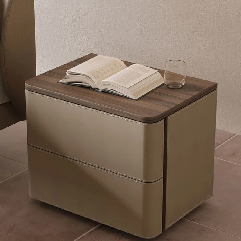 

Bedroom furniture Italian minimalist high-grade bedside cabinet modern saddle leather cabinet walnut grain storage cabinet