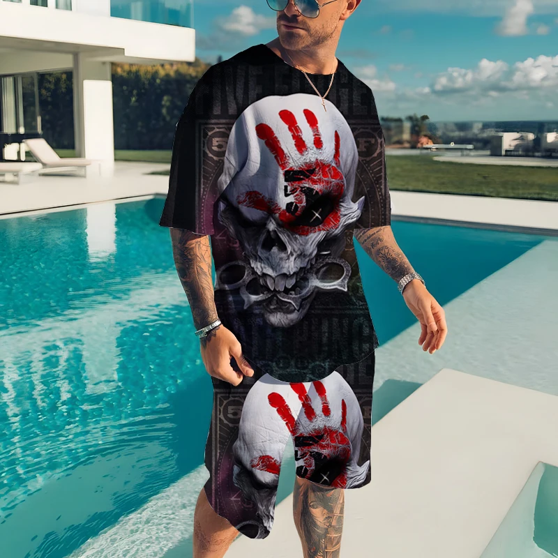 2023 Men's 3D Printing Short Sleeve Shorts Two-piece Abstract Skull Painted T-Shirt Suit Men's and Women's Casual Trend