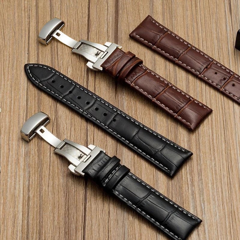 20mm Watch Strap Genuine Leather Watchband 22mm with Silver Butterfly Buckle Watches Accessories 18-24mm  ремешок для часов