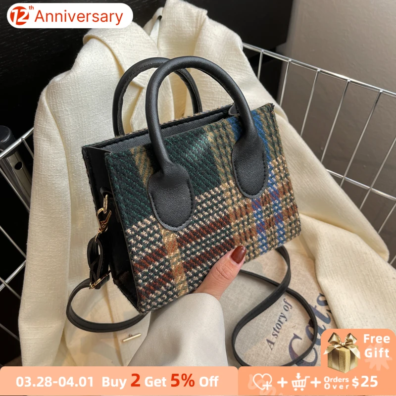 

Retro Lattice Women Portable Small Square Shoulder Bags Contrasting Color Ladies Crossbody Bags Female All Match Purse Handbags