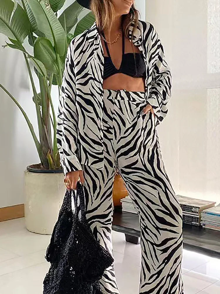 

Loose Suit Long Cardigan Top Wide Leg Pant 2PCS Matching Set Women Spring Autumn Printing Holiday Turn-Down Collar Ladies Outfit