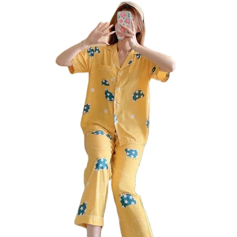 Ladies Sleepcoat Spring Autumn Cotton Silk Short Sleeve Cardigan Trousers Women Lounge Pajamas Set