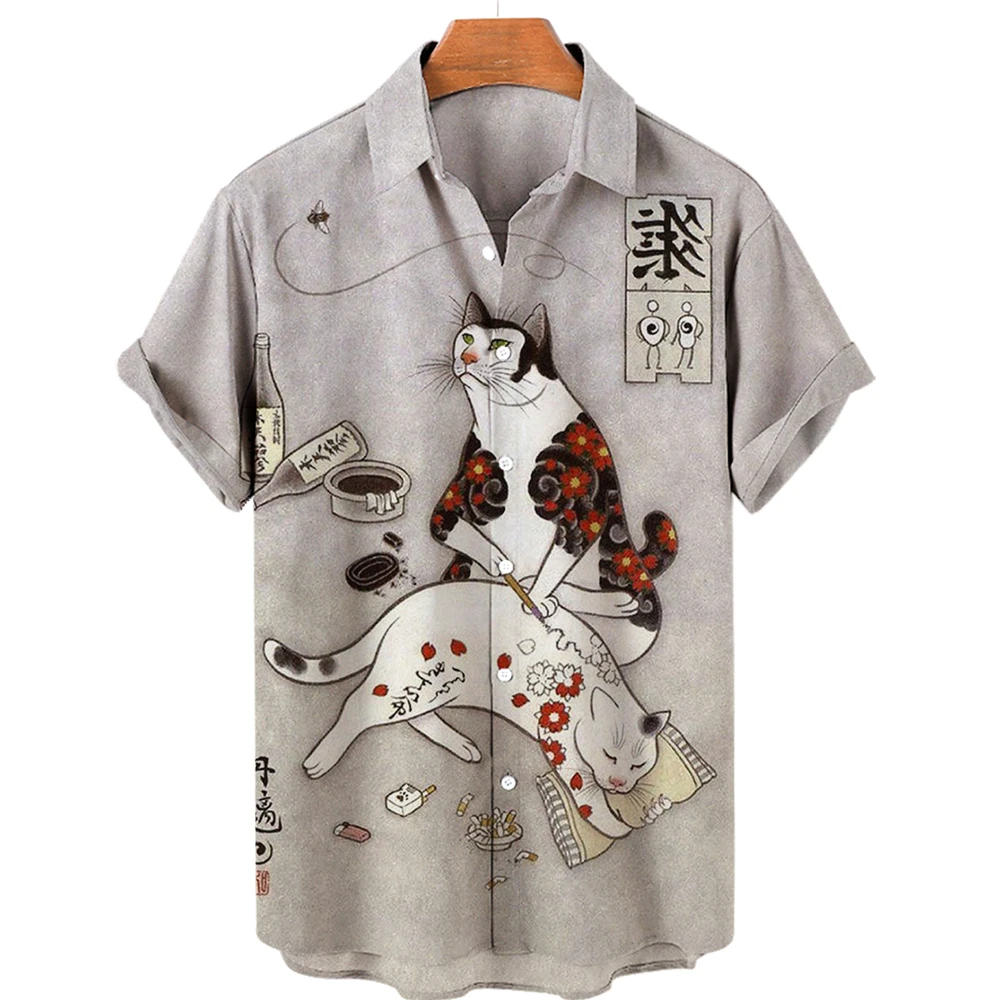 

Men and women pet anime clothes clothes cat animal bushido Japanese style universal Hawaiian shirt men's shirt summer 2022