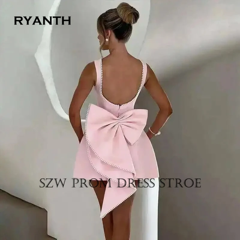 Фото Индивидуальное короткое платье RYANTH без рукавов с жемчугом и большим бантом, А-силуэт, с открытой спиной, мини-платье для выпускного вечера/коктейльной вечеринки №1