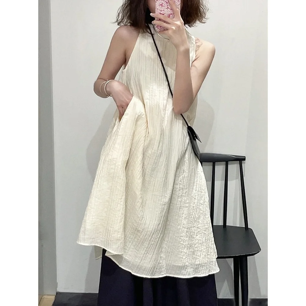 Maternity Dress Beige Sleeveless Cotton Fabric Casual Commuting Mid-length Crew Neck Loose Fit Simple Generous Fashion Gentle