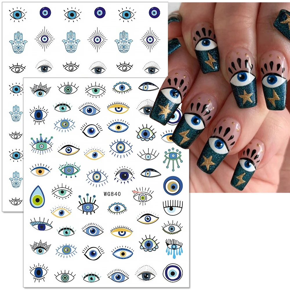 

3D наклейки для ногтей с голубыми глазами и ладонью, украшения для ногтей, геометрические наклейки для ногтевого дизайна, наклейки для ногте...