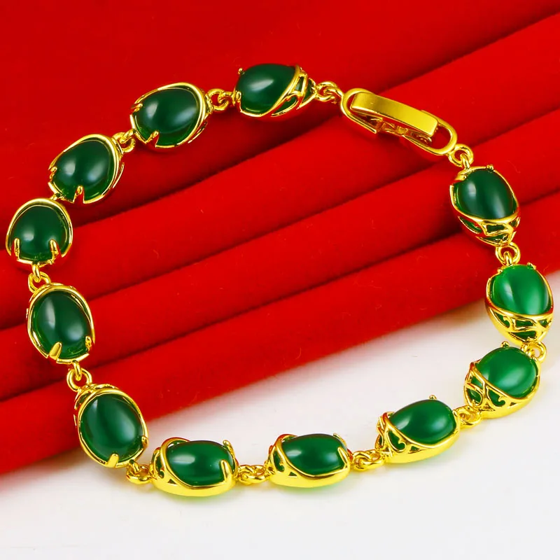 

Emerald Jade Temperament Retro Bracelet Female Plated 24k Gold vintage chains for women luxury bracelet suit four seasons