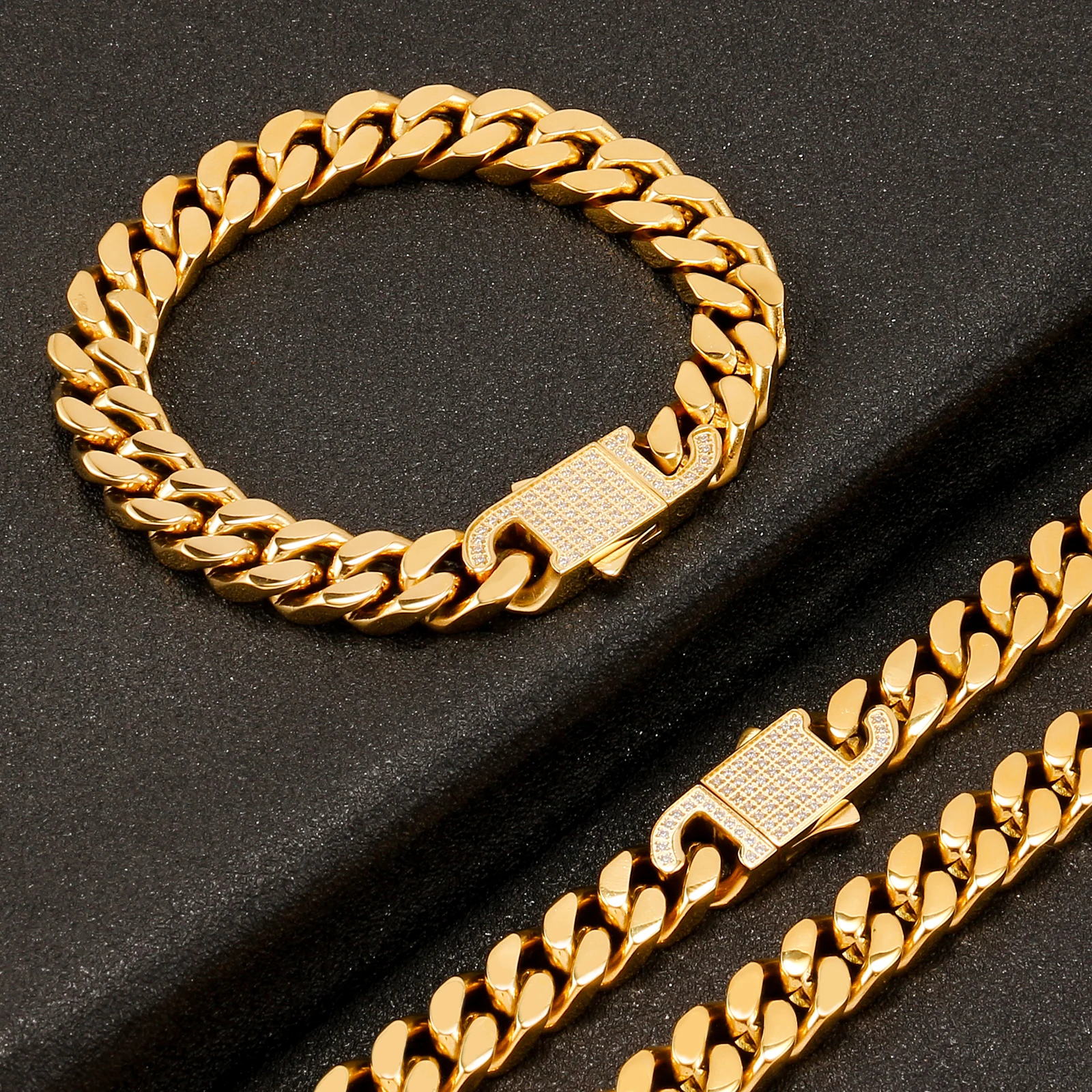 

Hip Hop Cuban Chain Necklaces for Men Women Bracelets Zicron Buckle Gold Plated Silver Color Stainless Steel Jewelry Accessories
