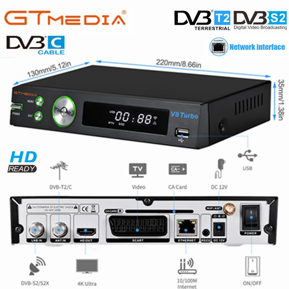 

Gtmedia H.265 HD Digital Terrestrial Satellite Receiver DVB-T2 DVB-S2+C V8 Super Decoder Scart TV Tuner Built-in RJ45 Network