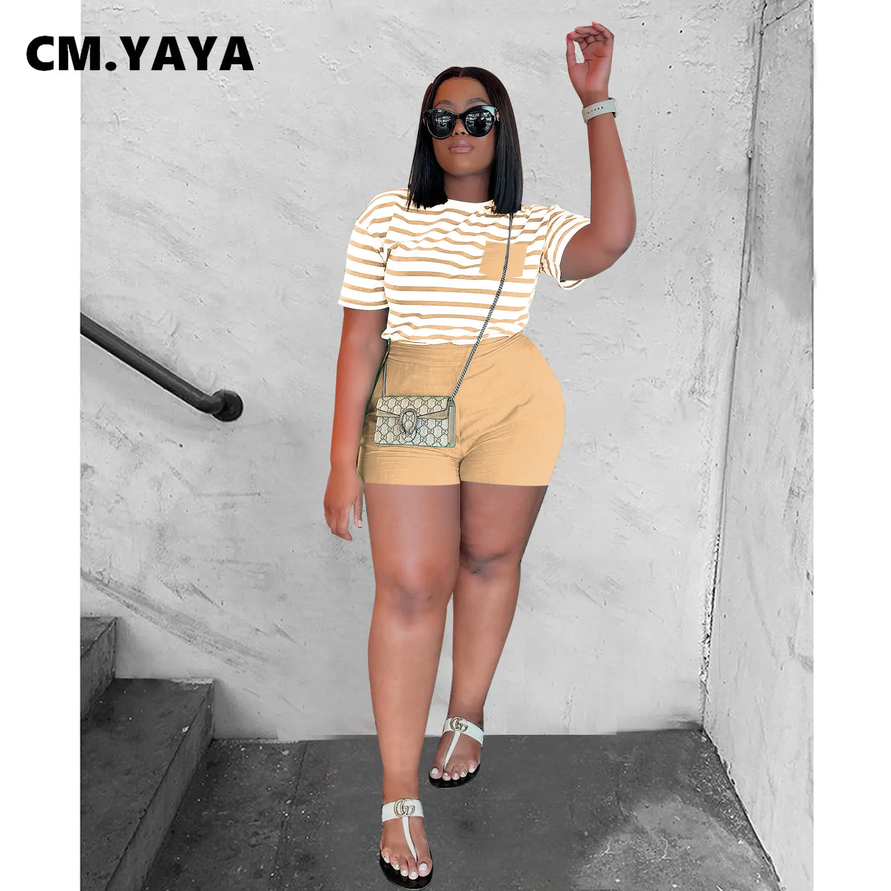 

Shorts Suit 2023 Summer Two 2 Piece Set Outfits Tracksuit CM.YAYA Fashion Active Women's Set Short Sleeve Striped T-shirt and