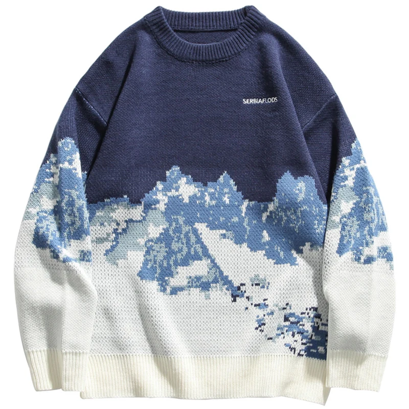 

Snow Mountain Knitted Sweater Men Streetwear Hip Hop Harajuku Pulloverr Tops 2022 Winter Fashion Jumper Vintage Sweaters