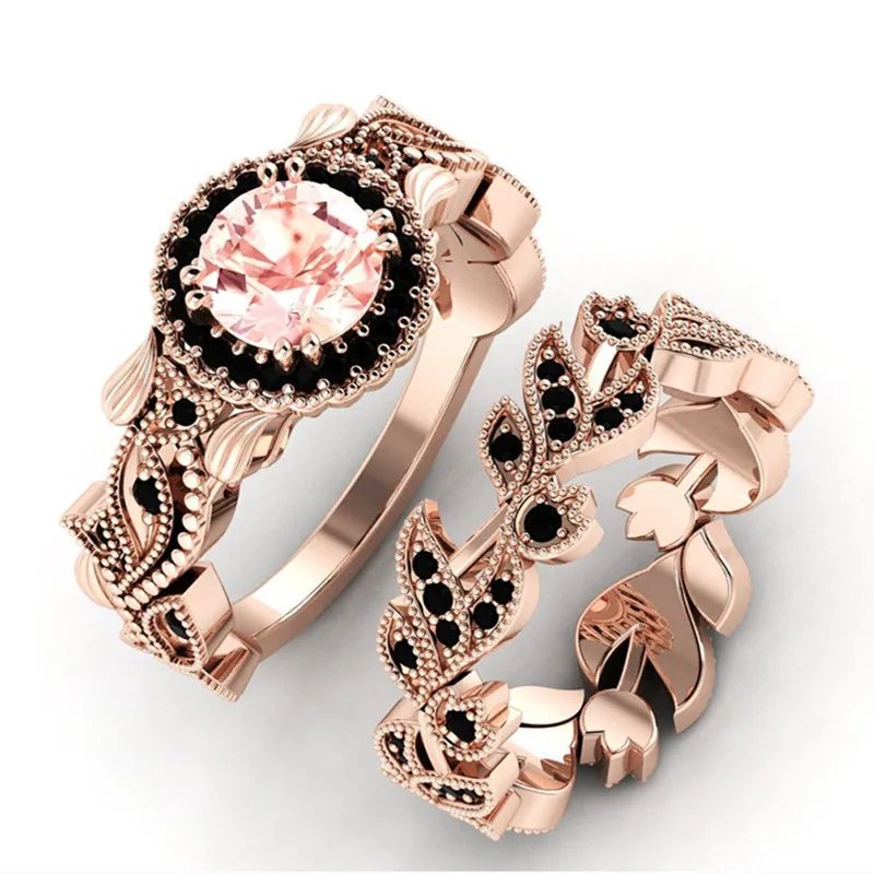 

2020 New Design Women Rose Gold Flower Leaves Inlaid Powder Zircon Ring Bride Engagement Wedding Jewelry Ring Set