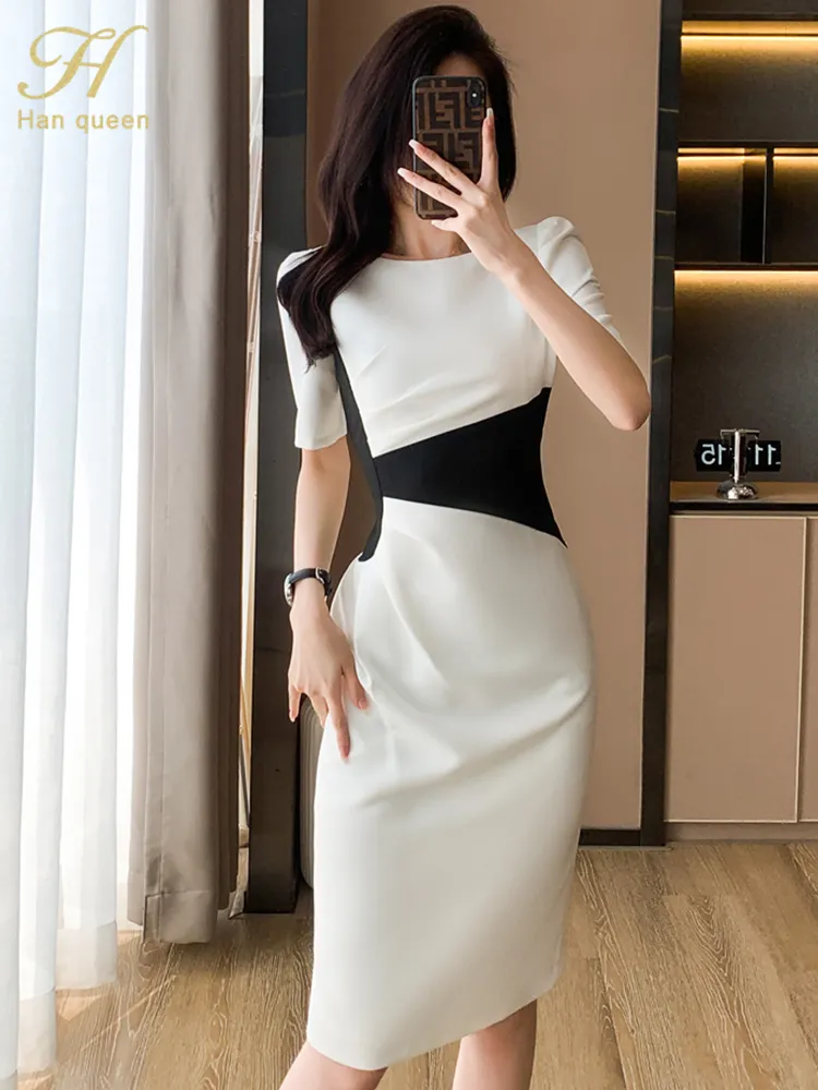 

H Han Queen 2023 New O-Neck Vintage Vestidos Simple Chic Color Blocking Bodycon Office Casual Dress Women Sheath Pencil Dresses