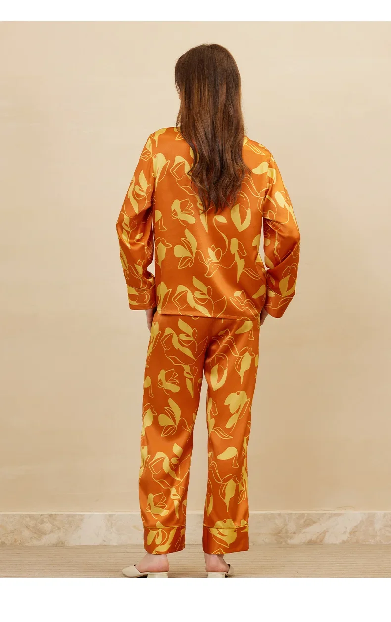 Удобный пижамный комплект из 100% тутового шелка на пуговицах брюки с оранжевым