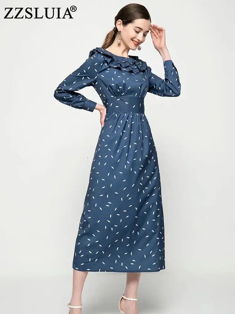 

ZZSLUIA Elegant Long Dresses For Women Printed Ruffles Designer Slim Long Sleeve Slit Dress Fashion One Piece Female Clothing