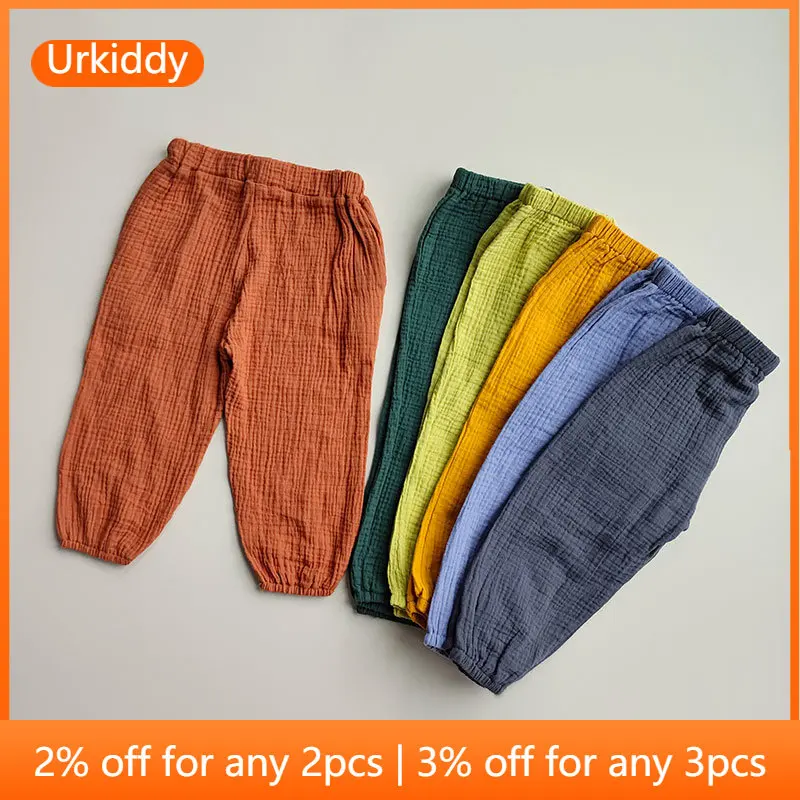 

Весенне-летние брюки для девочек, льняные хлопковые однотонные свободные брюки для детей, Новое поступление 2022, детская одежда, брюки для ма...