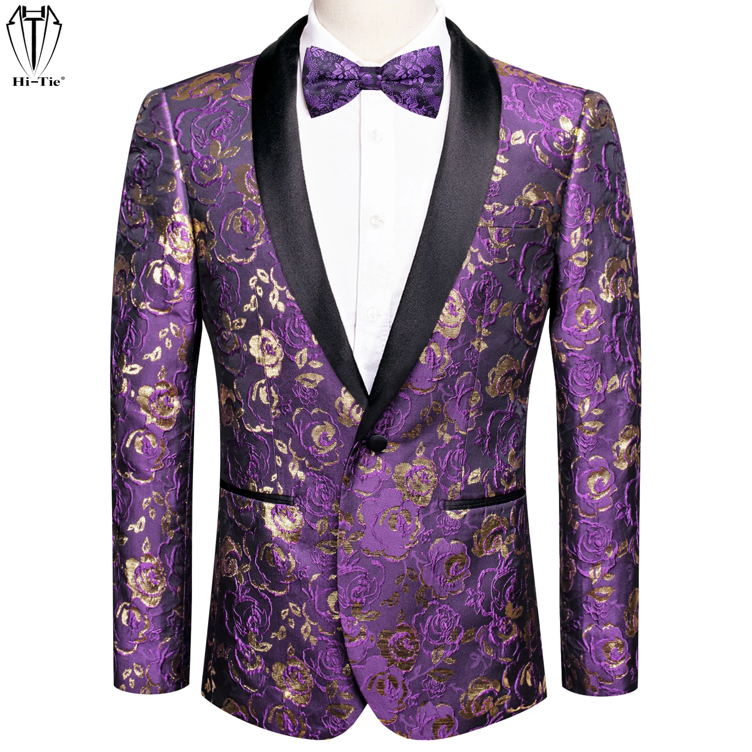 Hi-Tie Purple Flower Mens Suit Shawl Collar Tuxedo Blazers Jacket Coat With Bowtie Hanky For Wedding Banquet Ball Prom Stylish