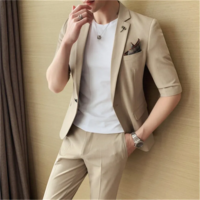 

Half Sleeve Summer Suit Set for Men 2 Pieces Slim Fit Boyfriend Social Blazer+Pants Men Grey Suit Ceremony Clothes Korean Style