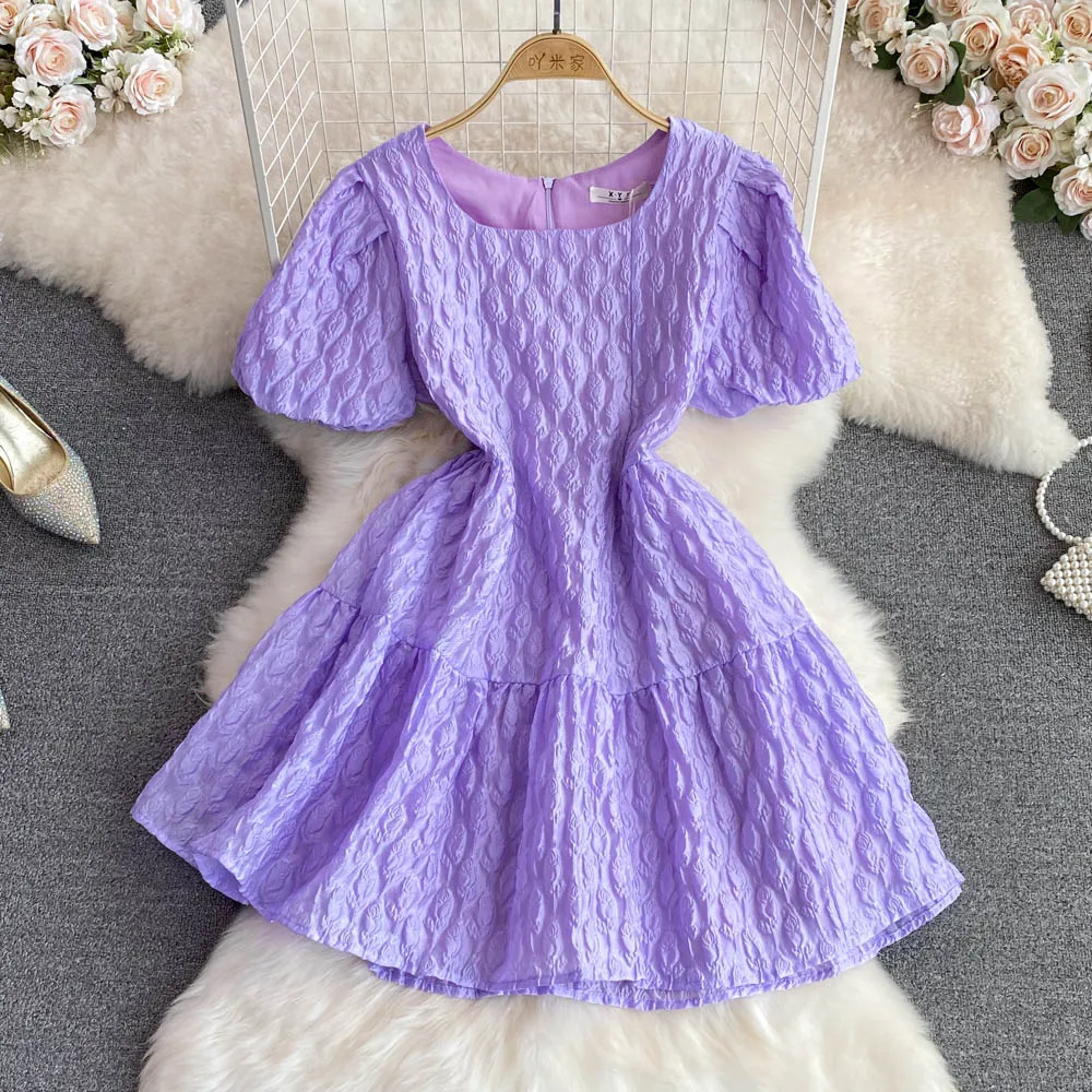 

French Square Neck Bubble Short-sleeved Embossed Jacquard Dress 2022 Summer Waist-skimming Thin Ruffle A-line Short Dress