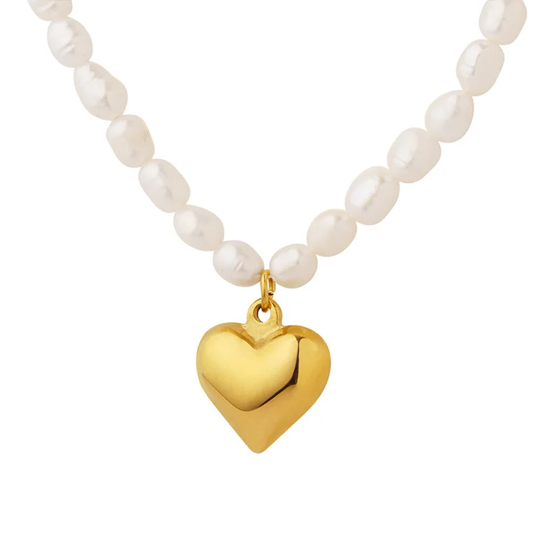 

Freshwater Pearl Necklace For Women Stainless Steel Heart Shaped Pendant Fashion Beaded Chain Wedding Jewelry Accessories