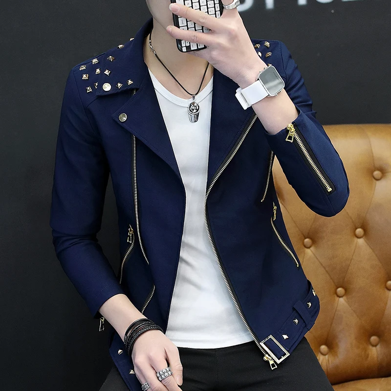 

NEW 2022 Riveting Nail Cool Diagonal Zip Jacket Youth Popular Slim Autumn Lapel Jacket
