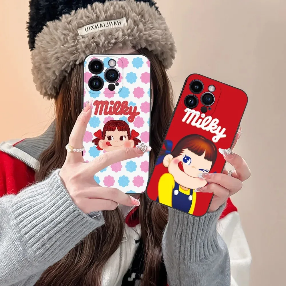 Fujiya Milky Peko-Chan Phone Case For iPhone 16 15 14 13 12 11 Plus Pro Max XS X XR SE Mini 8 7 Soft Silicone Black Cover
