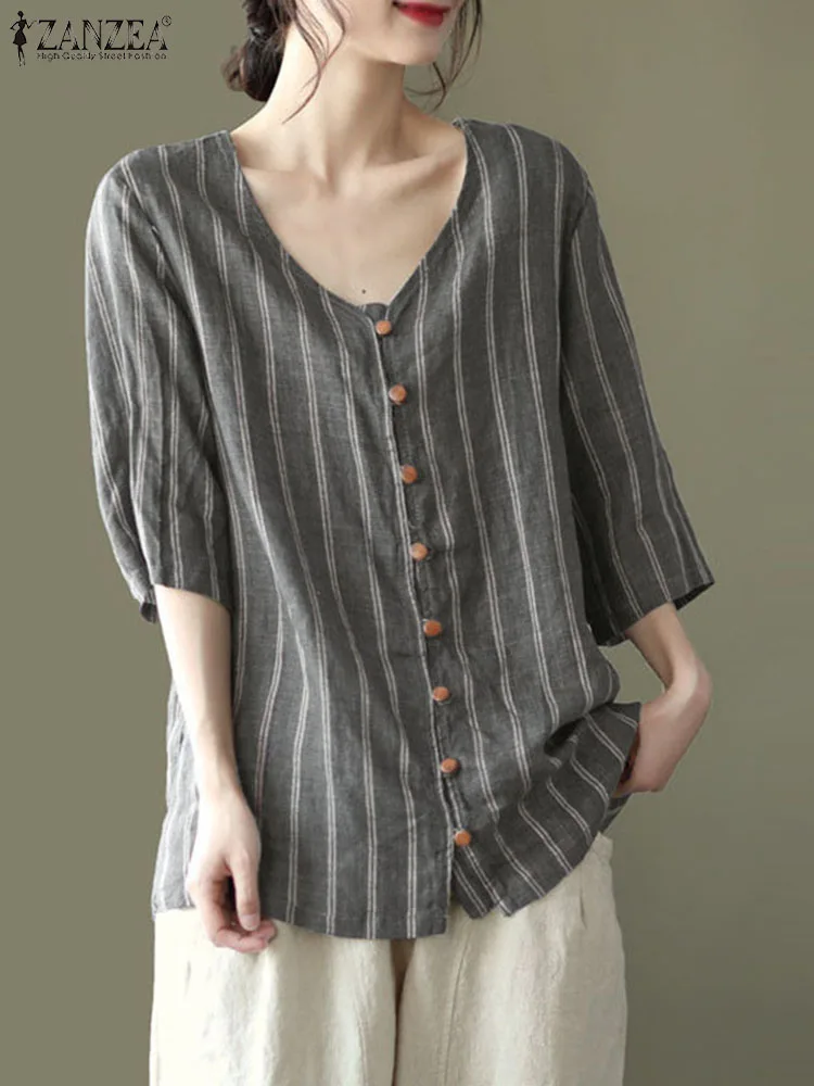 

ZANZEA Fashion Stripe Blouse Women Summer Tops Half Sleeve V-Neck Button Shirt Femme Work Blusas Bohemian Holiday Shirts Mujer