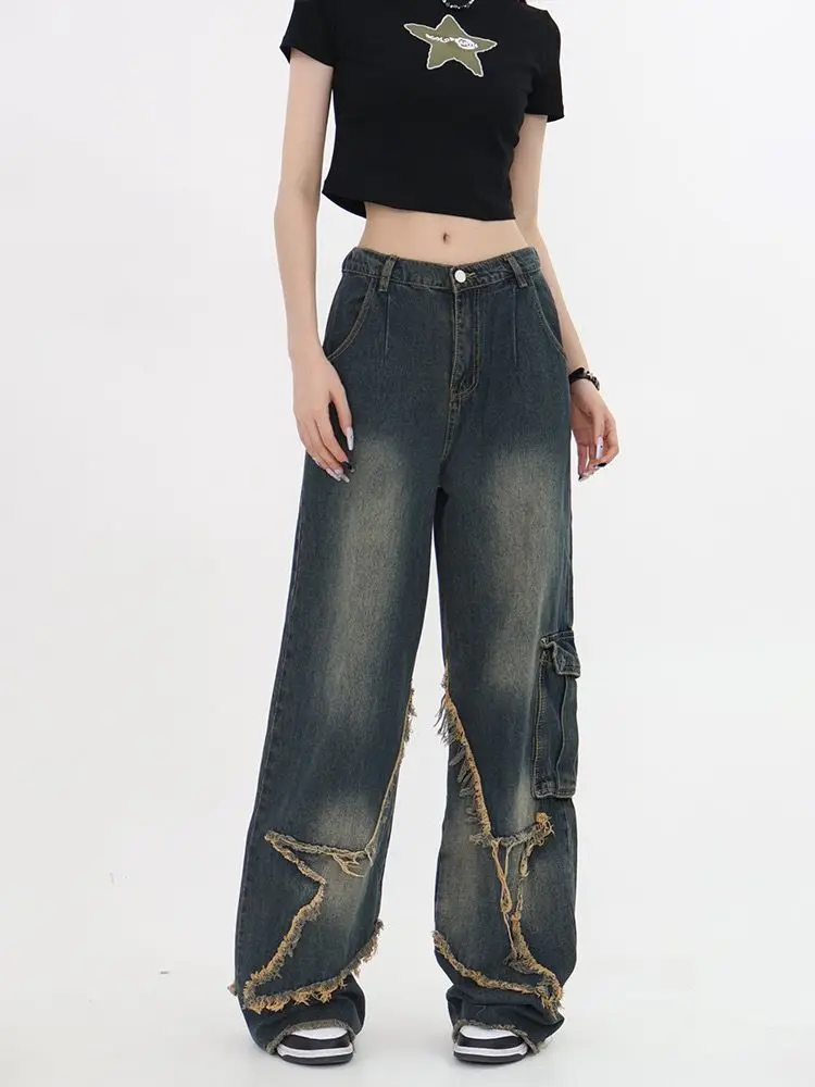 

HOUZHOU Vintage Women Cargo Jeans Baggy Star Girl Y2k Grunge 90s Aesthetic Gyaru Denim Trousers Korean Streetwear Hippie Pants