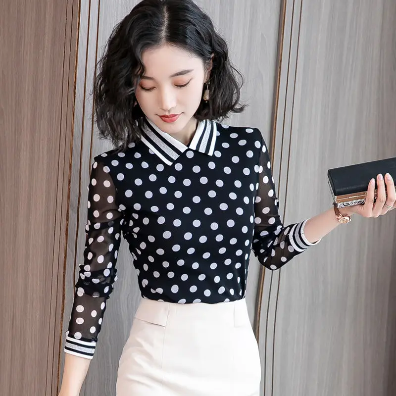 

Thickened Korean Doll Collar Mesh Polka Dot Women's Blouse For Fall/winter 2022 New Fashion Long-sleeved Temperament