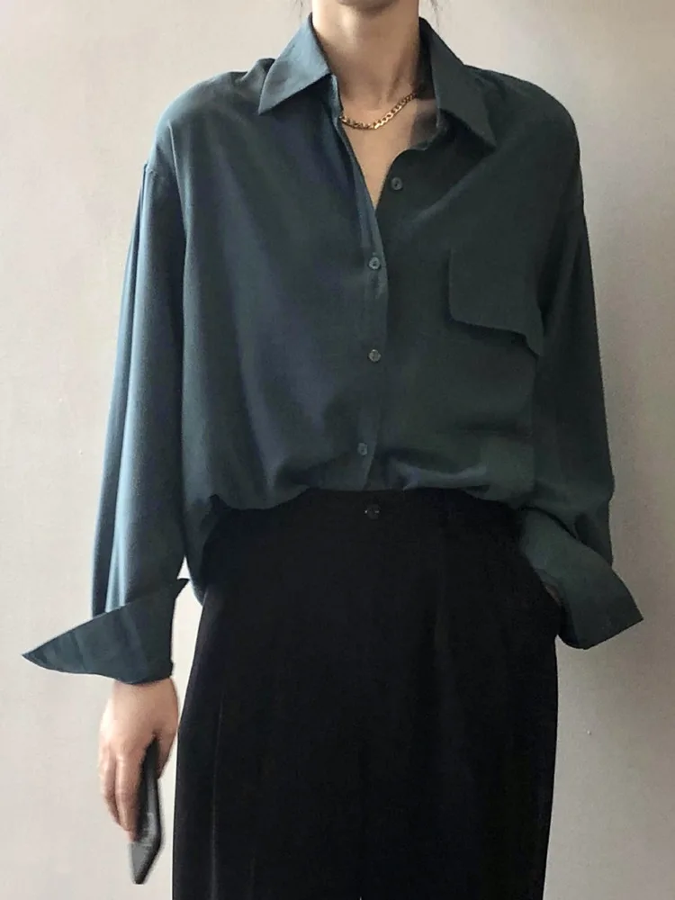 

Женская однотонная шифоновая рубашка EWQ, свободная однобортная рубашка с лацканами и длинными рукавами, с карманами, модель 26D680 на весну, 2023