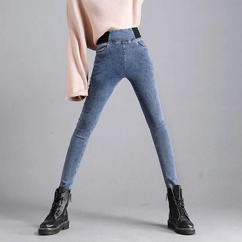 Women's Large Size Casual Denim Pencil Pants 2021 Stretch Vintage High Waist Skinny Jeans Elastic Waist Streetwear Trousers Pop