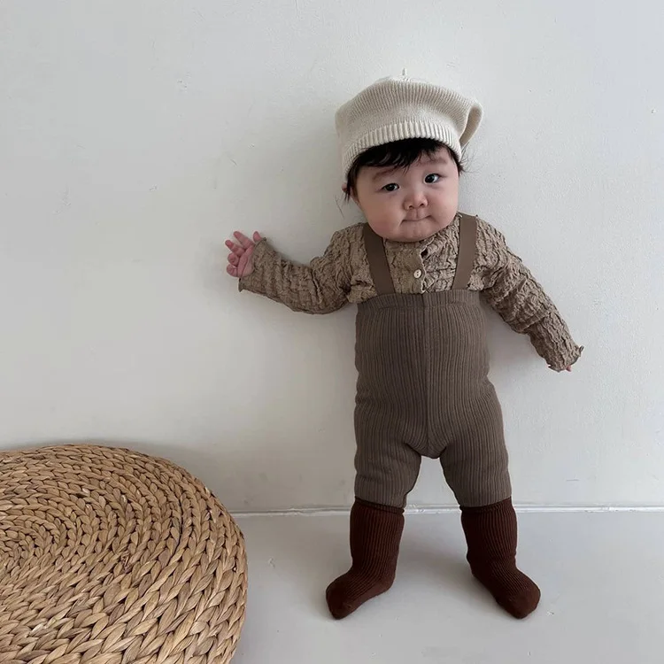 2022 Autumn New Baby Solid Leggings Toddler Boy Pp Pants Cotton Infant Girl Overalls Kids Casual Trousers Baby Strap Leggings