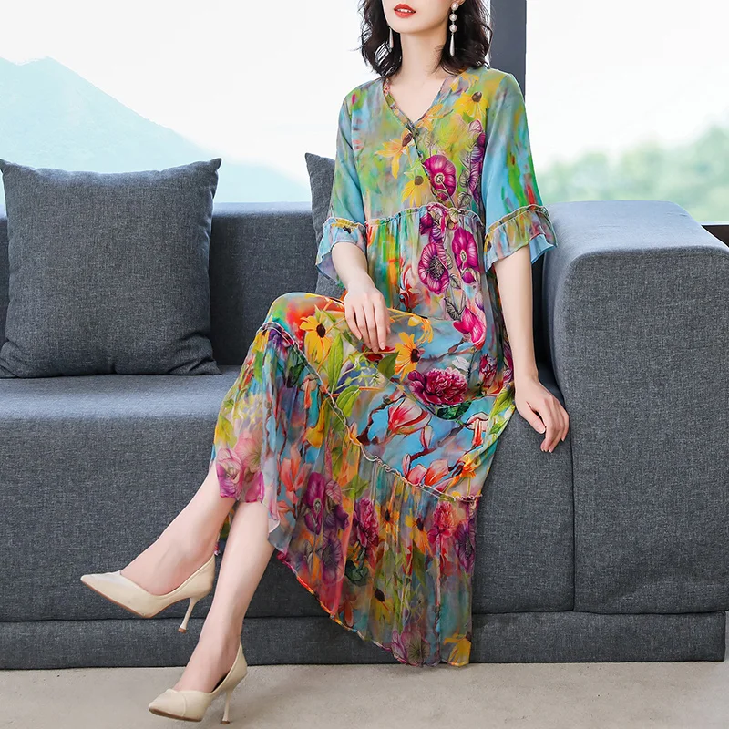 

Chikichi Printed Silk Dress New 2022 Summer Ladies V-Neck Casual Lace Casual Loose Dress Elegant Maxi Dresses for Women