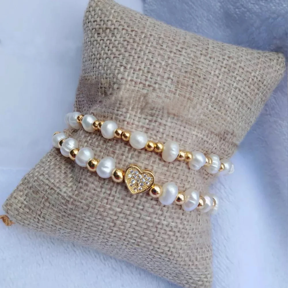 

YASTYT 2023 New In Fashion Jewelry Freshwater Pearls Zircon Heart Charm Golden Bead Friendship Bracelets For Women Gift