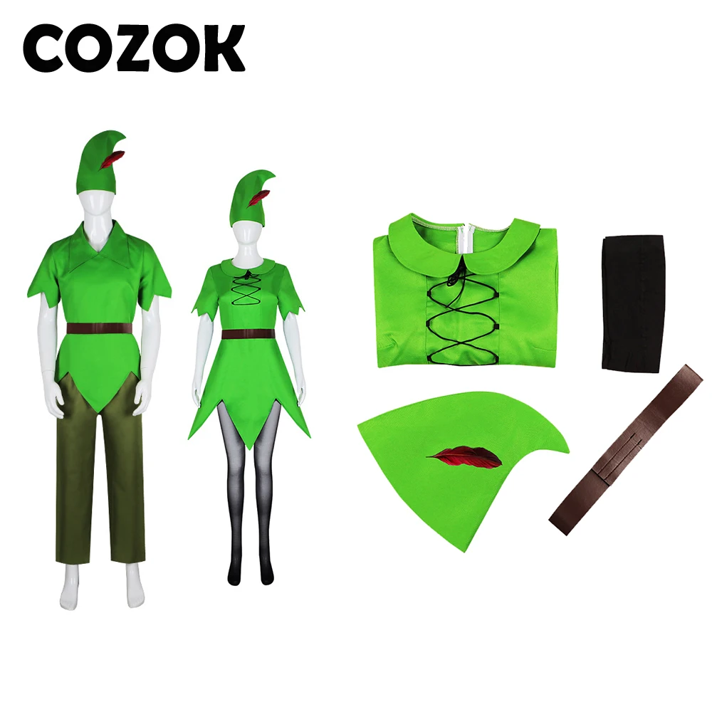 

COZOK Halloween Mens Peter Pan Costume Adult Peter Pan role play green suits with cap Women Halloween Cosplay Costume