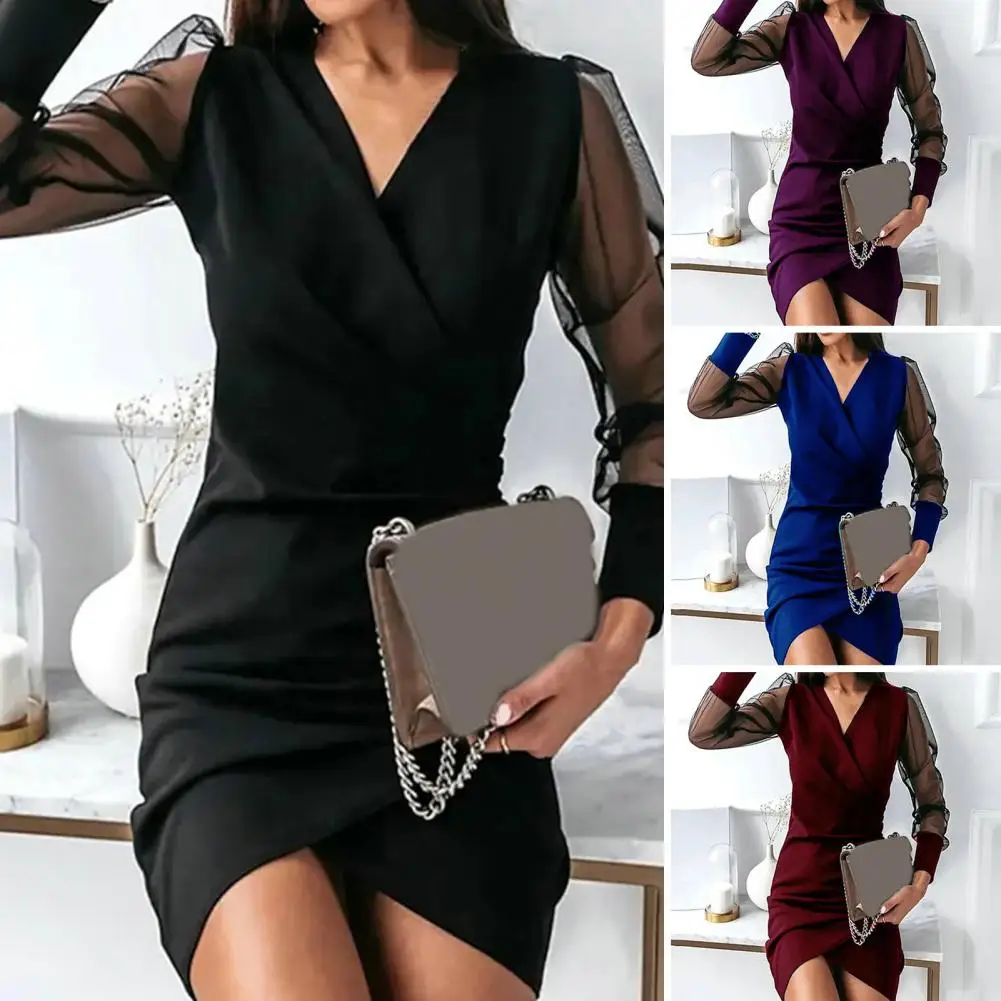 

V Neck See-through Mesh Long Sleeve Solid Color Women Dress Slim Fit Hip Wrap Pencil Party Dress Daily Clothing