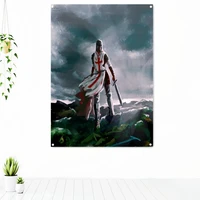 ancient military posters templar knight on horse banner retro print art crusader flag canvas painting wall hanging home decor 3