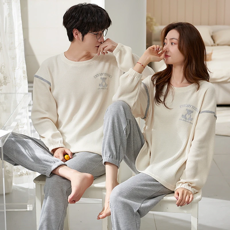 CAIYIER 2022 Autumn Winter Couple Pajamas Set Women & Men Nightwear Sweet Round Neck Long Sleeve Loungewear Lovers Sleepwear