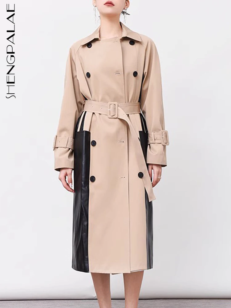 

SHENGPALAE Pu Leather Spliced Trench For Women Temperament Contrast Color Notched Collar Double Breasted Belt Windbreaker 5R6523