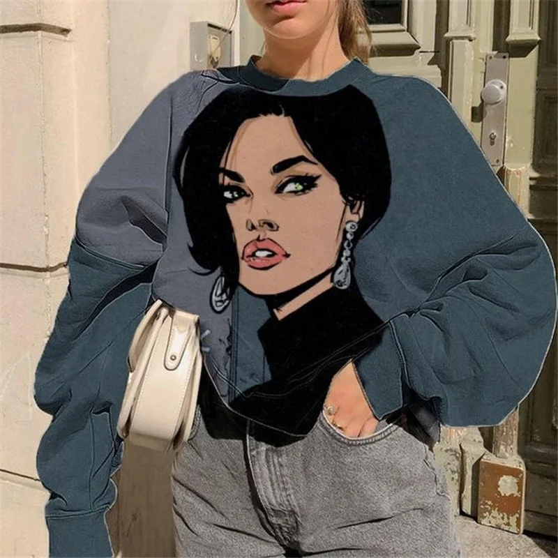

Urban Women Cartoon Print Long-sleeved O-Neck Sweatshirts Spring Autumn Fashion Indie Pullovers Plus Size 3 Colors Loose Jumper