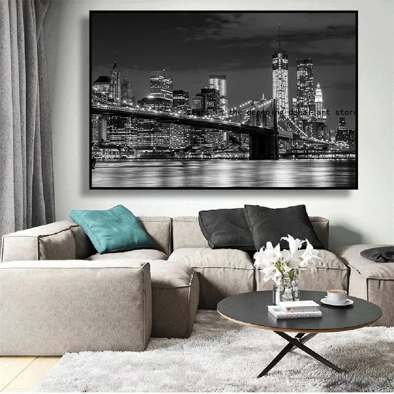 Нью-Йорк Бруклинский мост ночной вид город река ландшафт картина настенные
