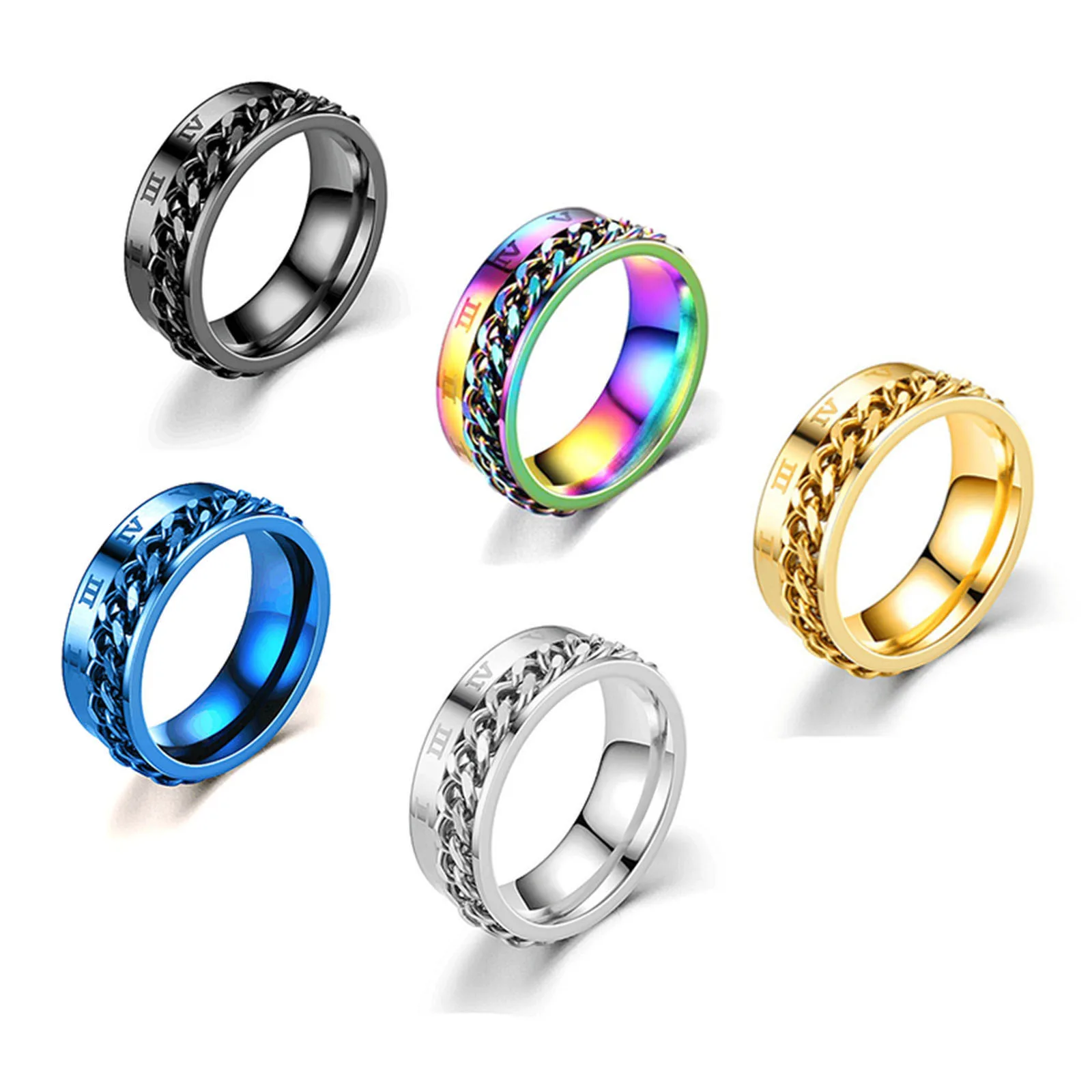 

New Fashion Stainless Steel Unadjustable Multicolor Ring Punk Style Rotatable Roman Numerals Ring For Women Men Jewelry Gifts