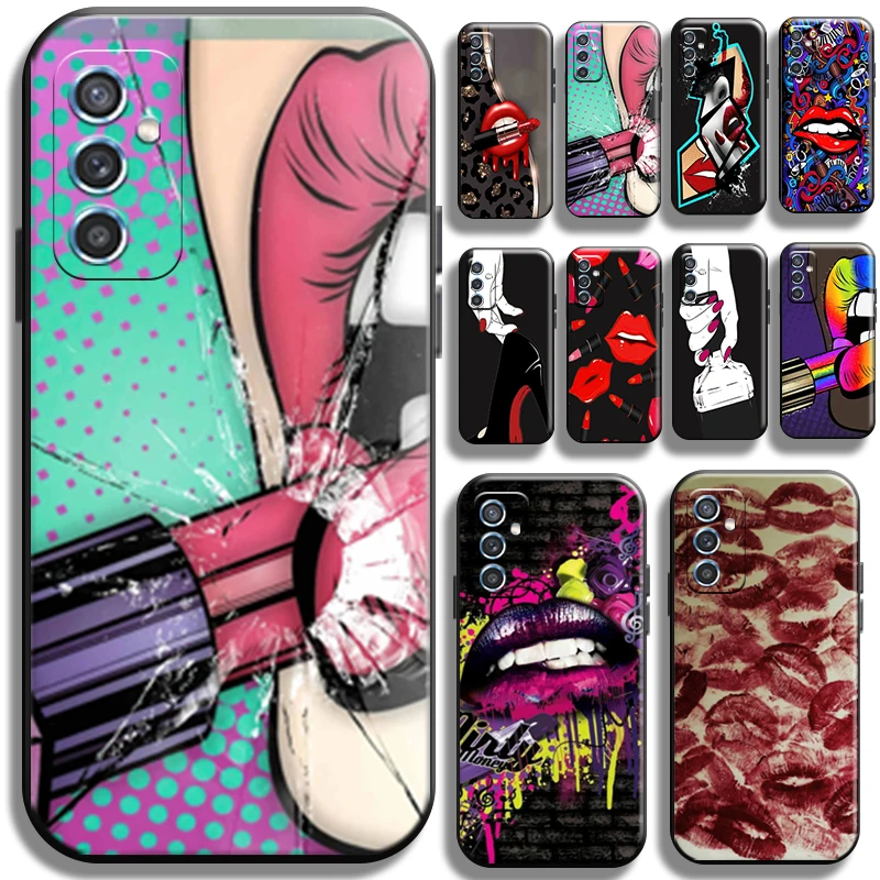 

Sexy Girl Kiss Red Lips For Samsung Galaxy M52 Phone Case Back Coque Liquid Silicon Carcasa Shockproof TPU Black Shell Soft