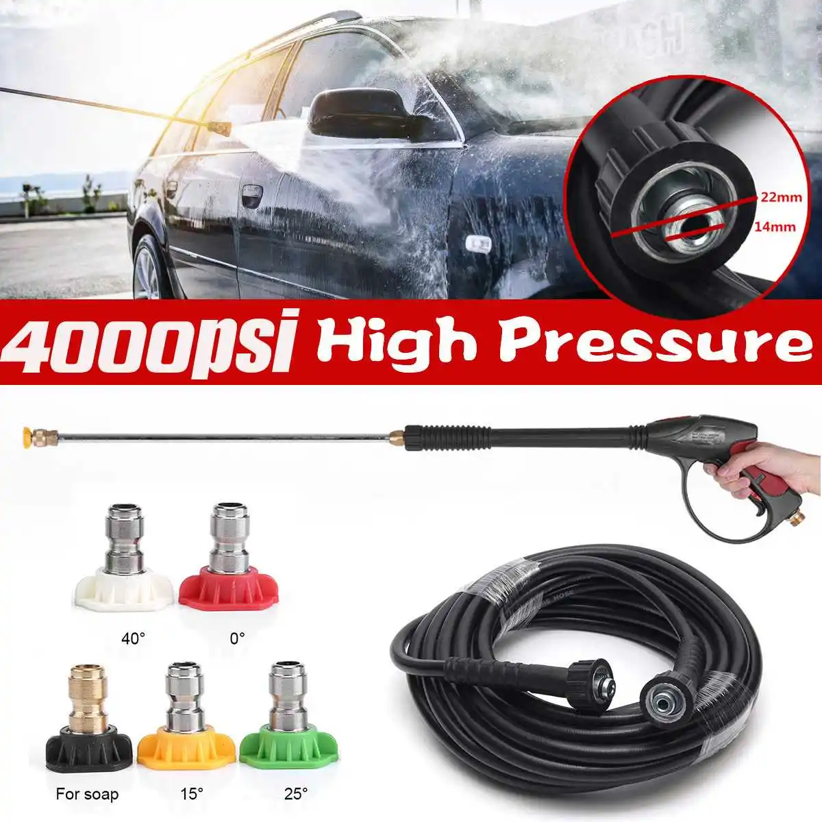 

4000PSI High Pressure Washer Spray Gun Jet Lance Nozzle Car Washer Jet Water Gun for M22 female fitting 9M Hose + 5 Tips