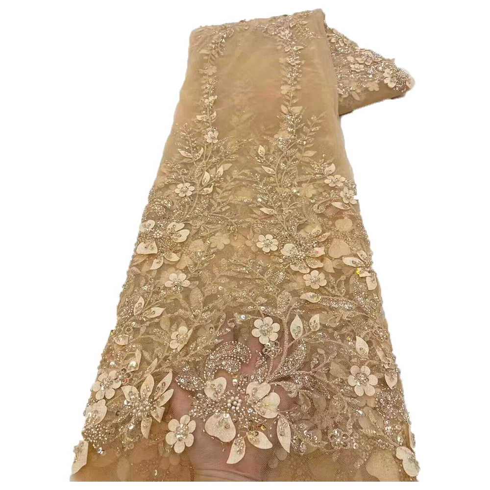 Элегантная Кружевная Ткань С 3d Цветочной Вышивкой И Бусинами. Последняя Модель