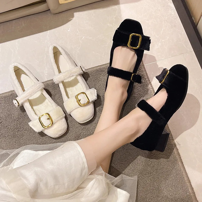 

Туфли женские с квадратным носком, меховые кроссовки, на низком каблуке, на шнуровке, Повседневная модная базовая обувь, 2022