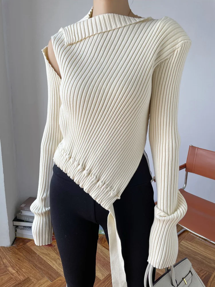 

Minimalist Pullover Female 2022 Autumn Knitting Sweater Women Tops Irregular Collar Long Sleeve Lace Up Cut Out Solid Tops H929